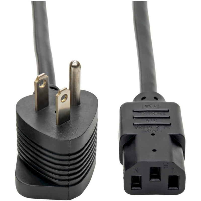 Close-up view of Tripp Lite power cord connectors showing NEMA 5-15P plug and IEC C13 connector ends