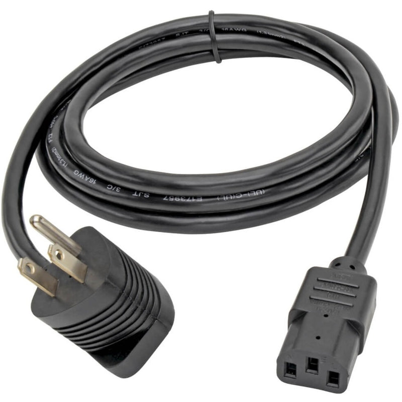 Full length view of Tripp Lite piggyback power cord showing cable and both connector ends