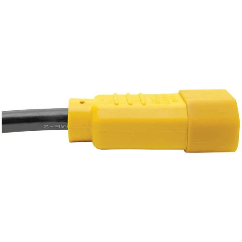 Detailed side view of yellow power cord connector showing grip texture and strain relief