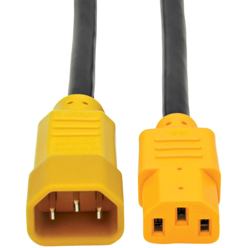 Close-up view of yellow C13 and C14 connectors on black power cord showing connector pin configuration