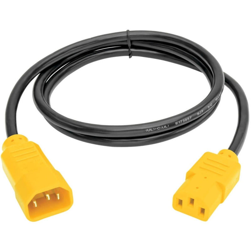 Full length view of 4-foot black power cord with yellow connectors showing cable flexibility