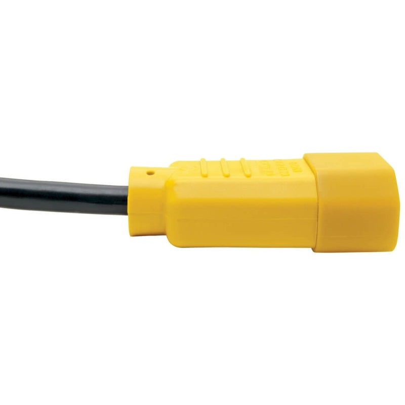 Detailed side view of yellow power cord connector showing ergonomic grip design