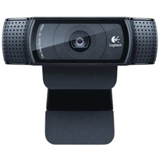 Front view of Logitech C920 webcam showing compact design and mounting clip