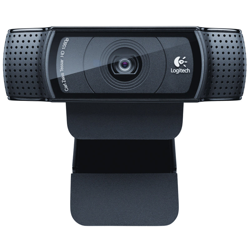 Front view of Logitech C920 HD webcam showing Carl Zeiss lens and dual microphone array