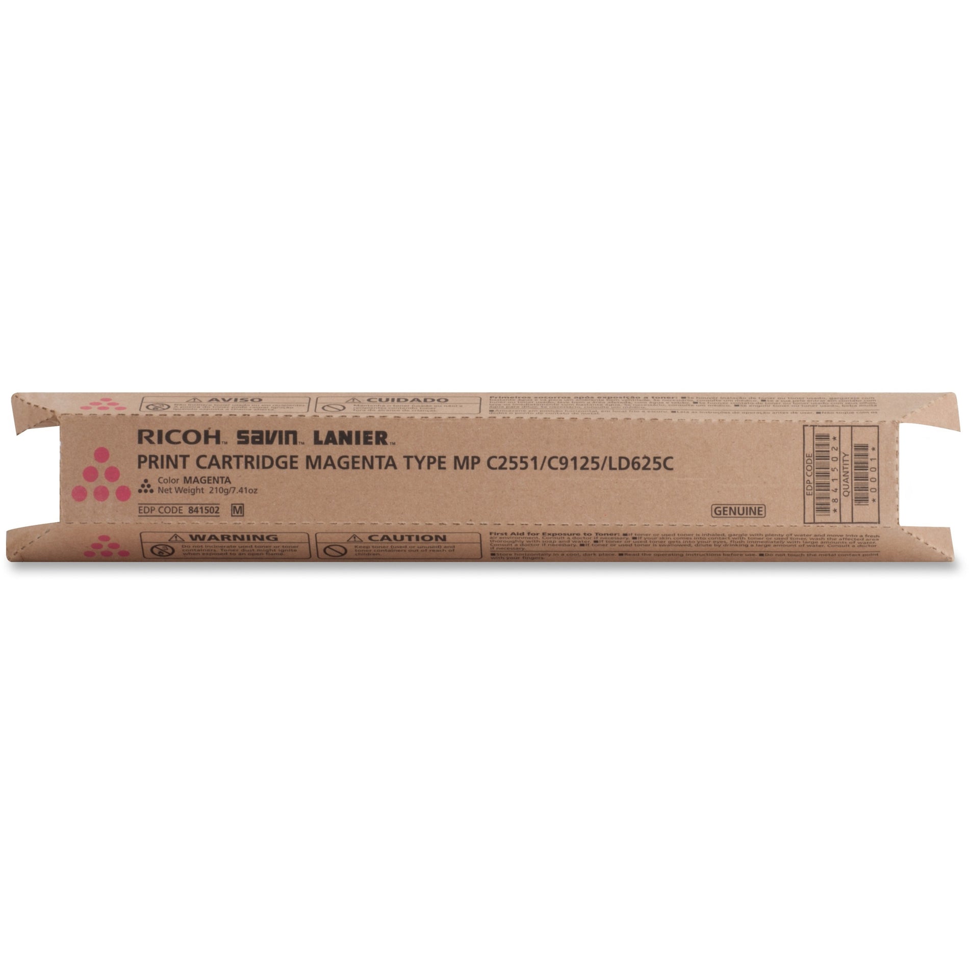 Genuine Ricoh 841502 magenta toner cartridge packaging showing product specifications and compatibility information-alternate-image1