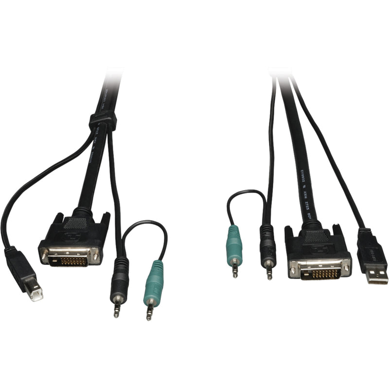 Tripp Lite P759-010 KVM cable kit showing DVI, USB, and audio connectors with black molded cables