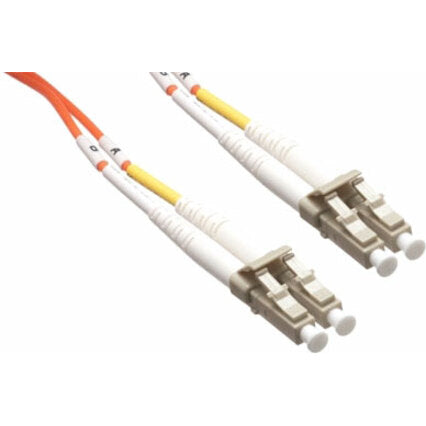 Axiom LC/LC Multimode Duplex fiber optic cable showing orange cable jacket and white LC connectors with strain relief