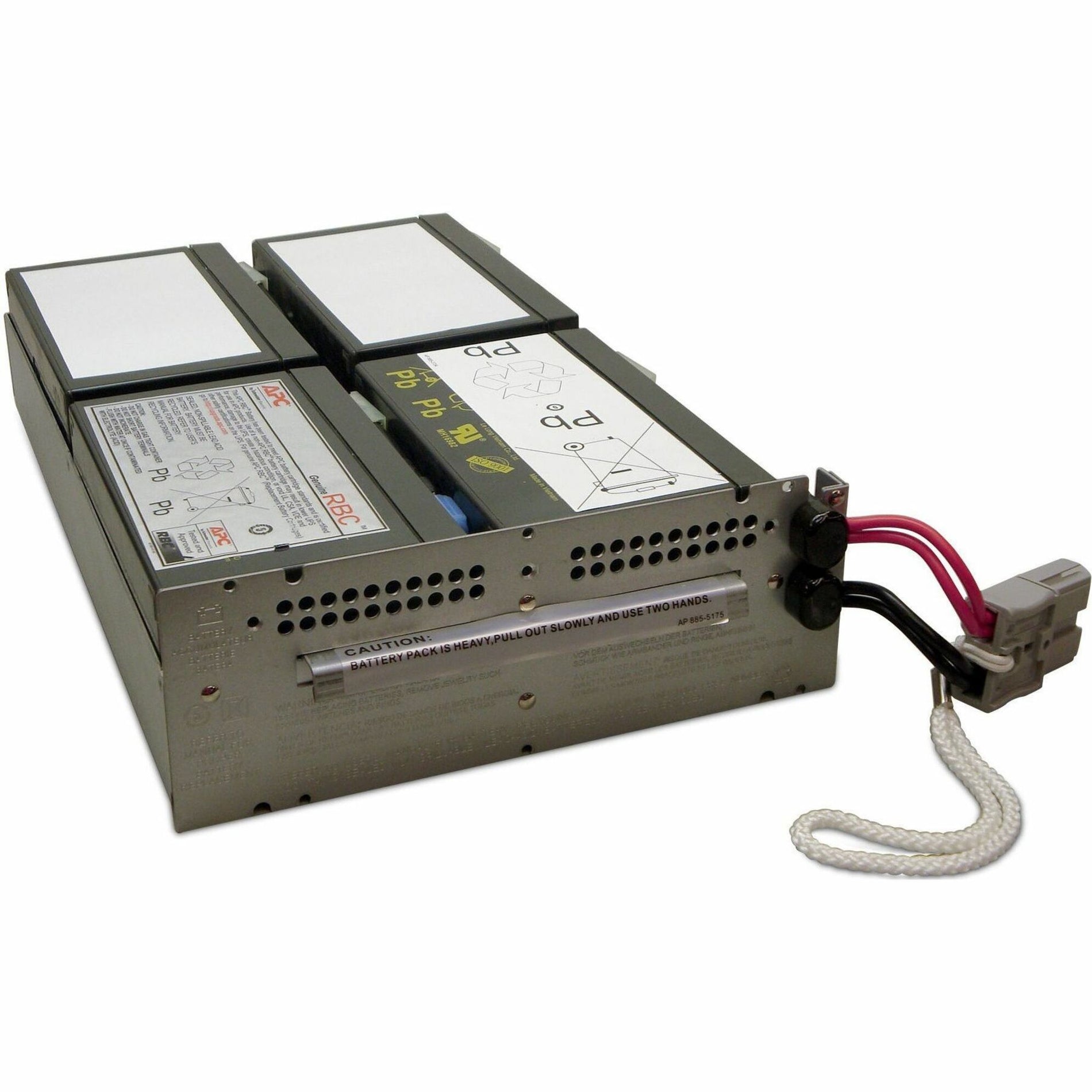 APC APCRBC132 replacement battery cartridge showing metallic enclosure with ventilation holes and connection cables-alternate-image1