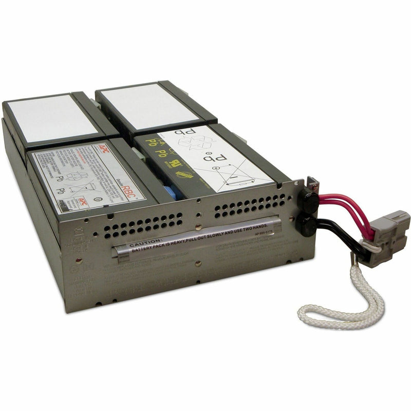 APC APCRBC132 replacement battery cartridge showing metallic enclosure with ventilation holes and connection cables