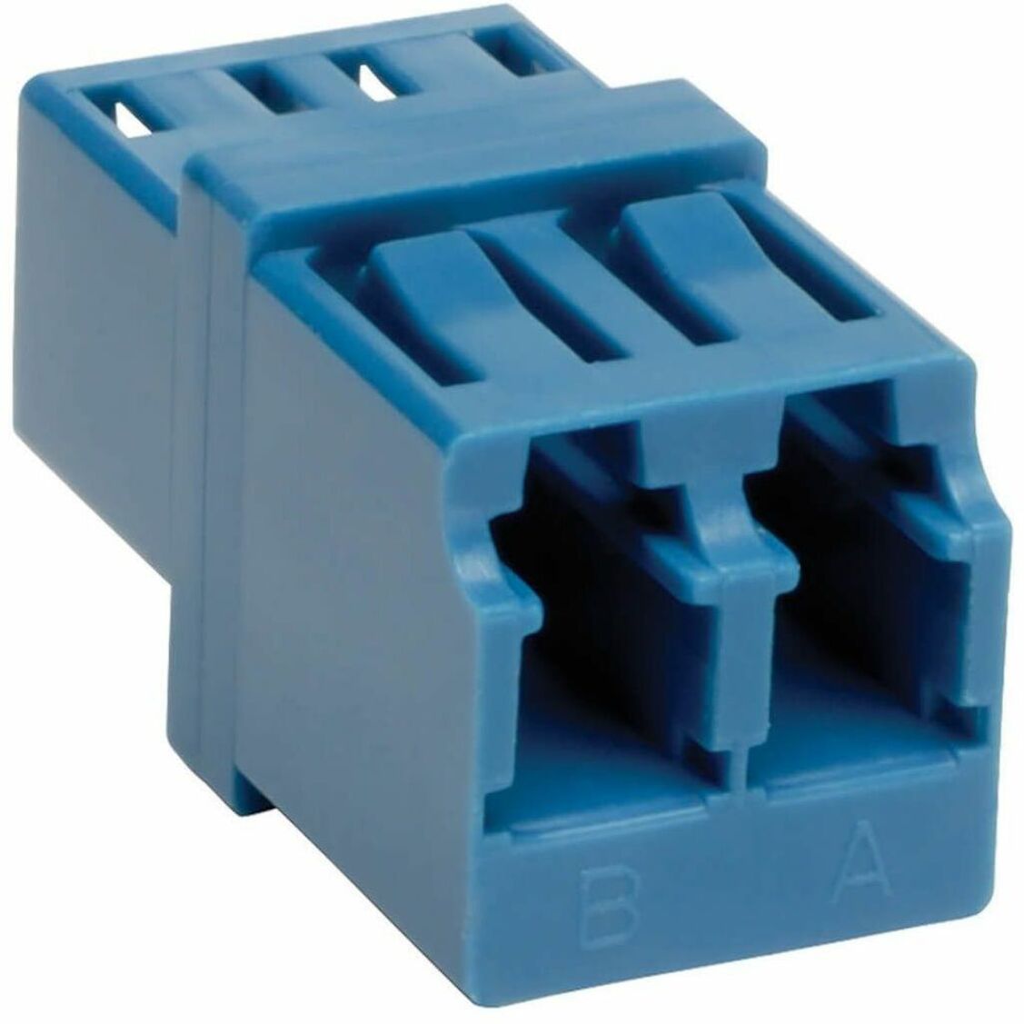 Front view of Tripp Lite blue duplex LC fiber optic coupler showing dual female ports-alternate-image1