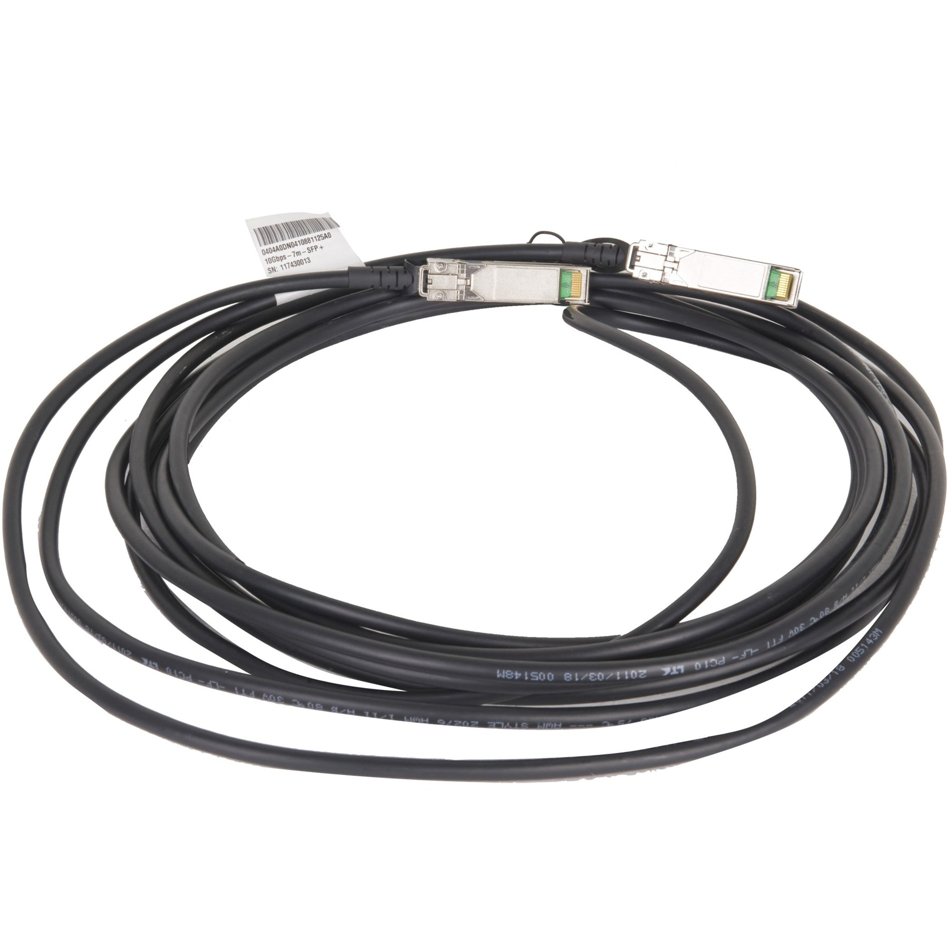 HPE X240 10G SFP+ to SFP+ black direct attach copper cable showing full 7-meter length with connectors-alternate-image1