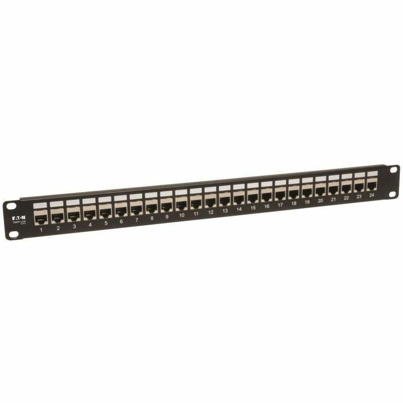 Front view of Tripp Lite N254-024-SH 24-port shielded Cat6 patch panel showing numbered ports 1-24