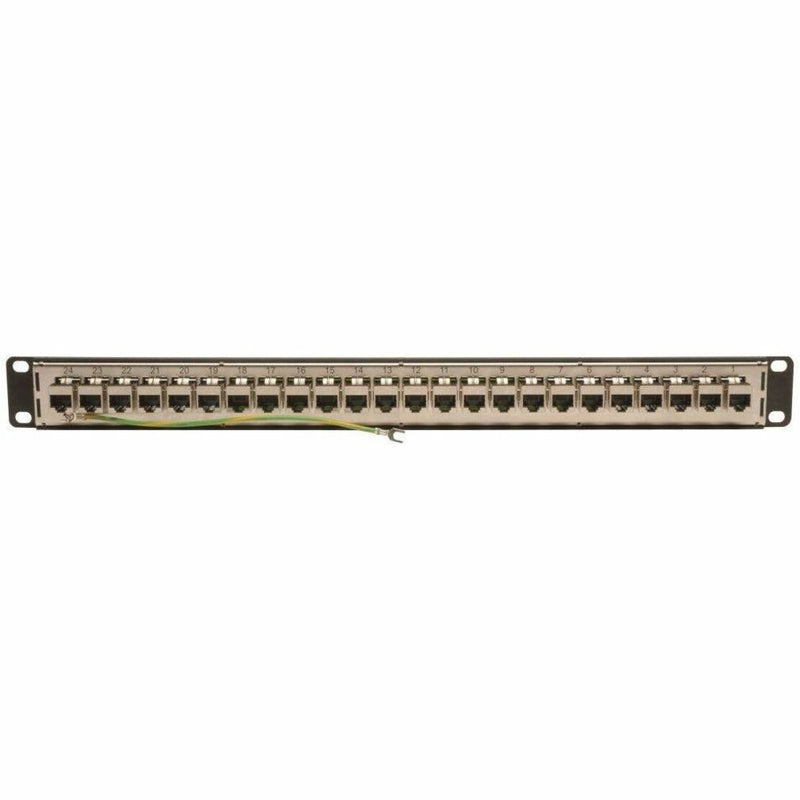 Rear view of Tripp Lite N254-024-SH Cat6 patch panel displaying shielded port construction and grounding features