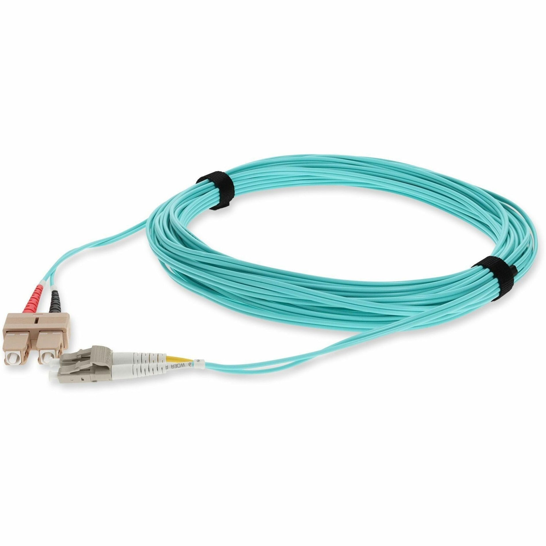 2-meter aqua OM3 fiber optic patch cable with SC to LC connectors and black cable management straps-alternate-image1