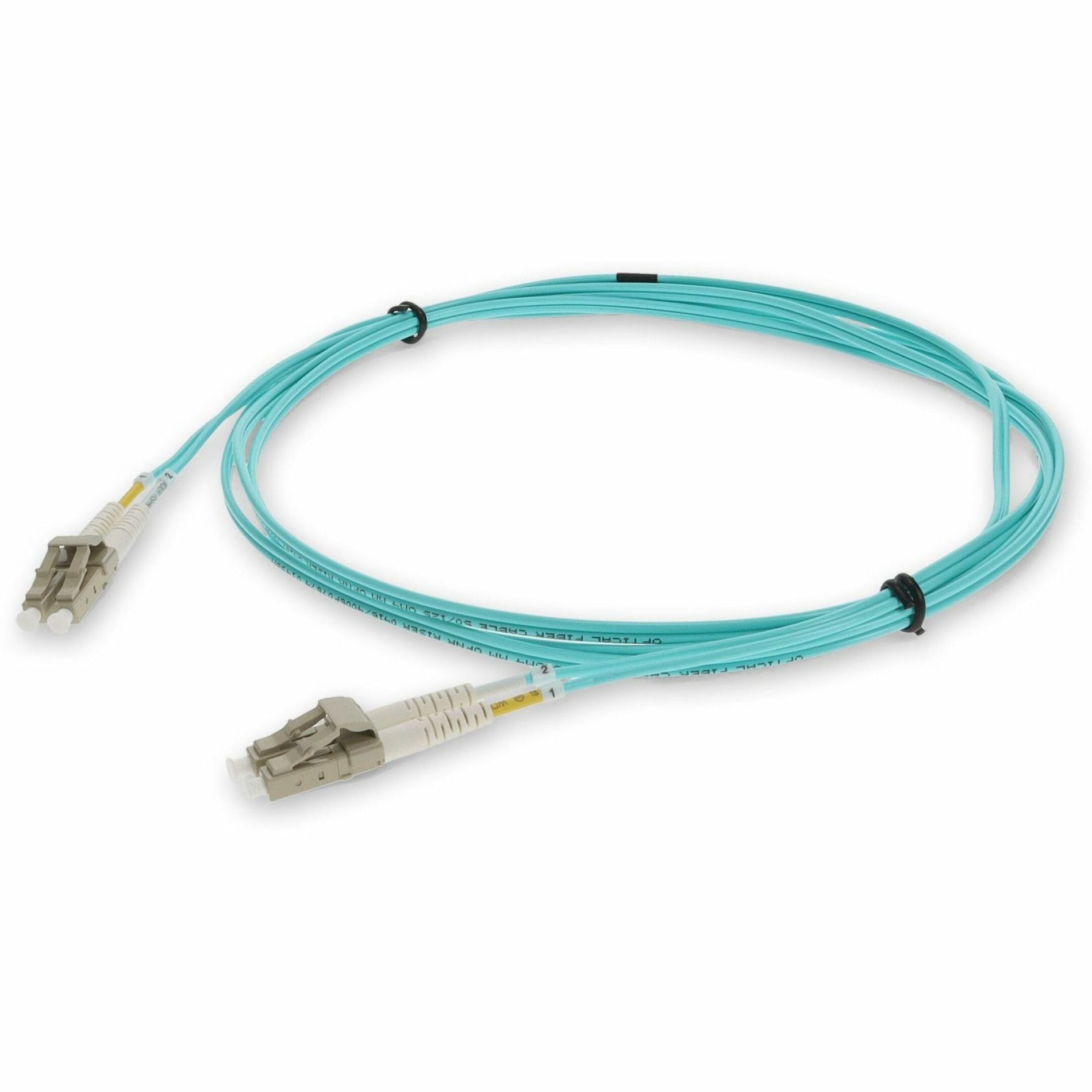 Front view of AddOn 1-meter aqua OM3 fiber optic patch cable with LC connectors-alternate-image1