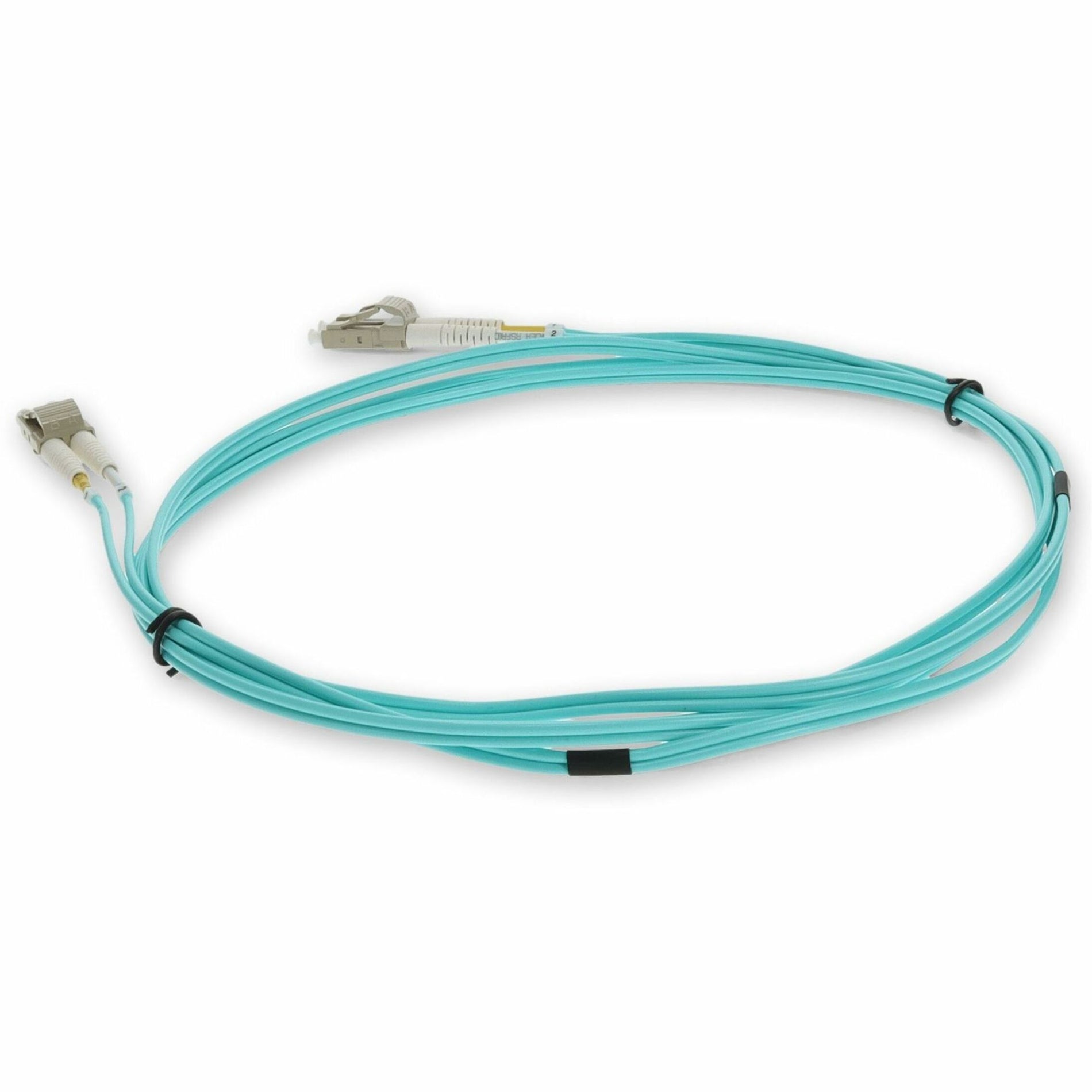 Side profile of AddOn OM3 fiber cable with clear view of LC connectors-alternate-image3