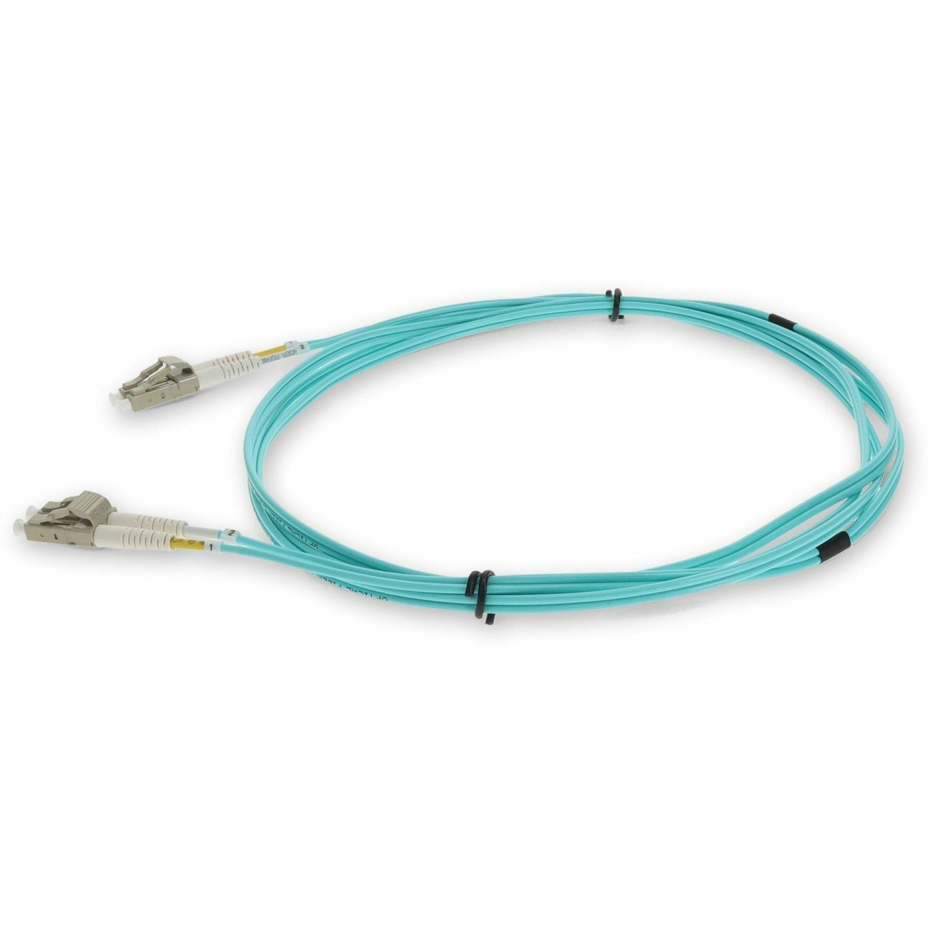 2-meter aqua OM3 fiber optic patch cable with LC connectors - top view showing cable management system-alternate-image2