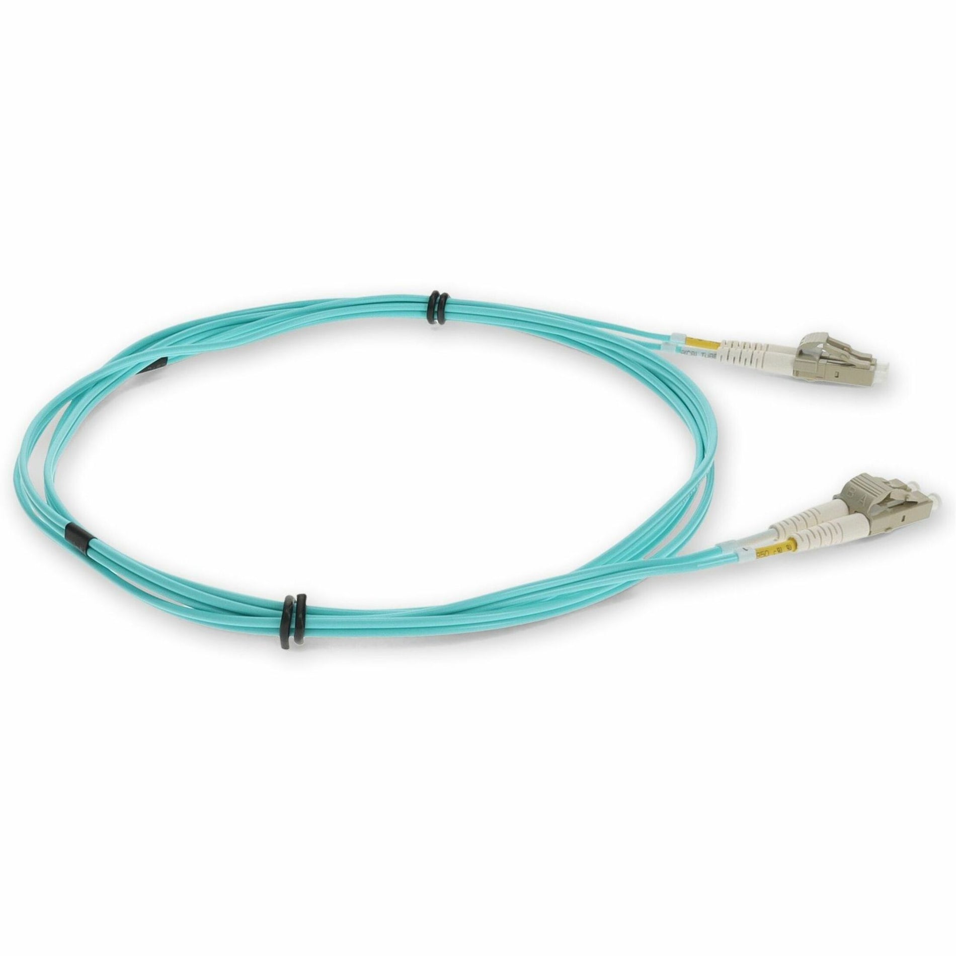 2-meter aqua OM3 fiber optic patch cable with LC connectors - elevated angle view-alternate-image6