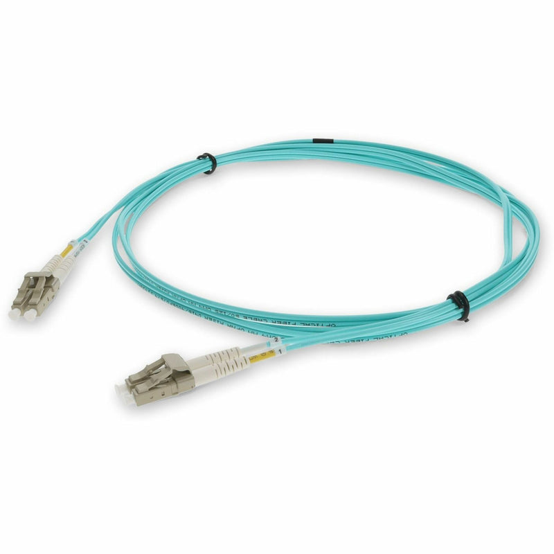 Front view of AddOn 4m aqua OM3 fiber optic patch cable with LC connectors