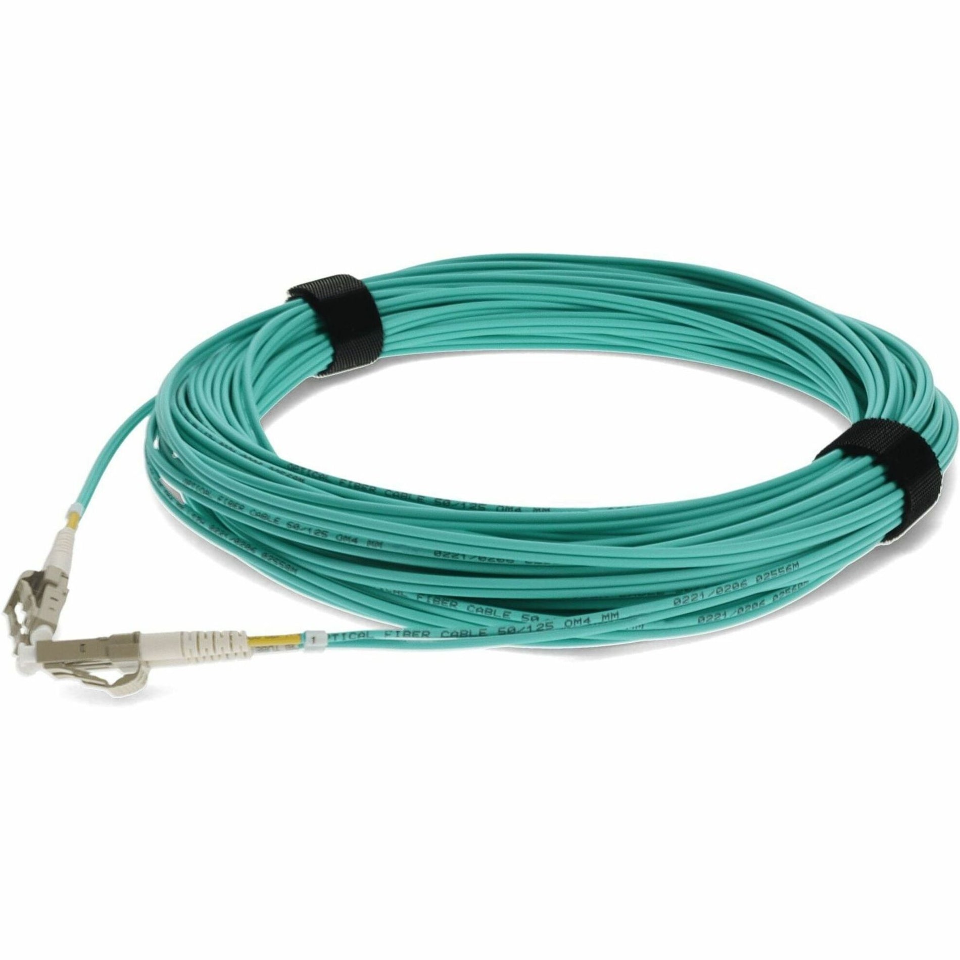 12-meter aqua OM3 fiber optic patch cable with LC connectors and cable management straps-alternate-image1