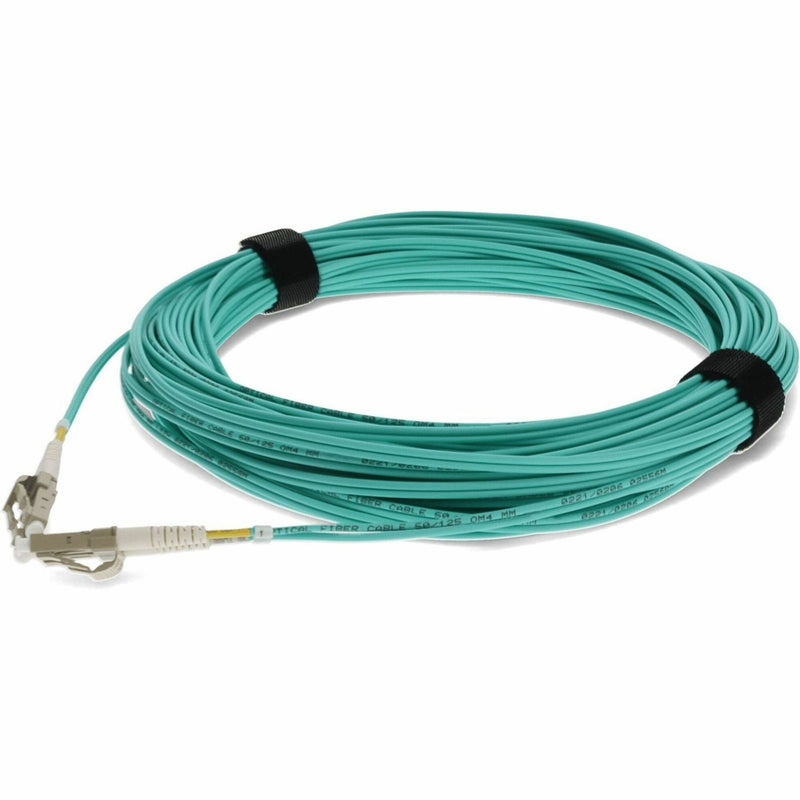 12-meter aqua OM3 fiber optic patch cable with LC connectors and cable management straps