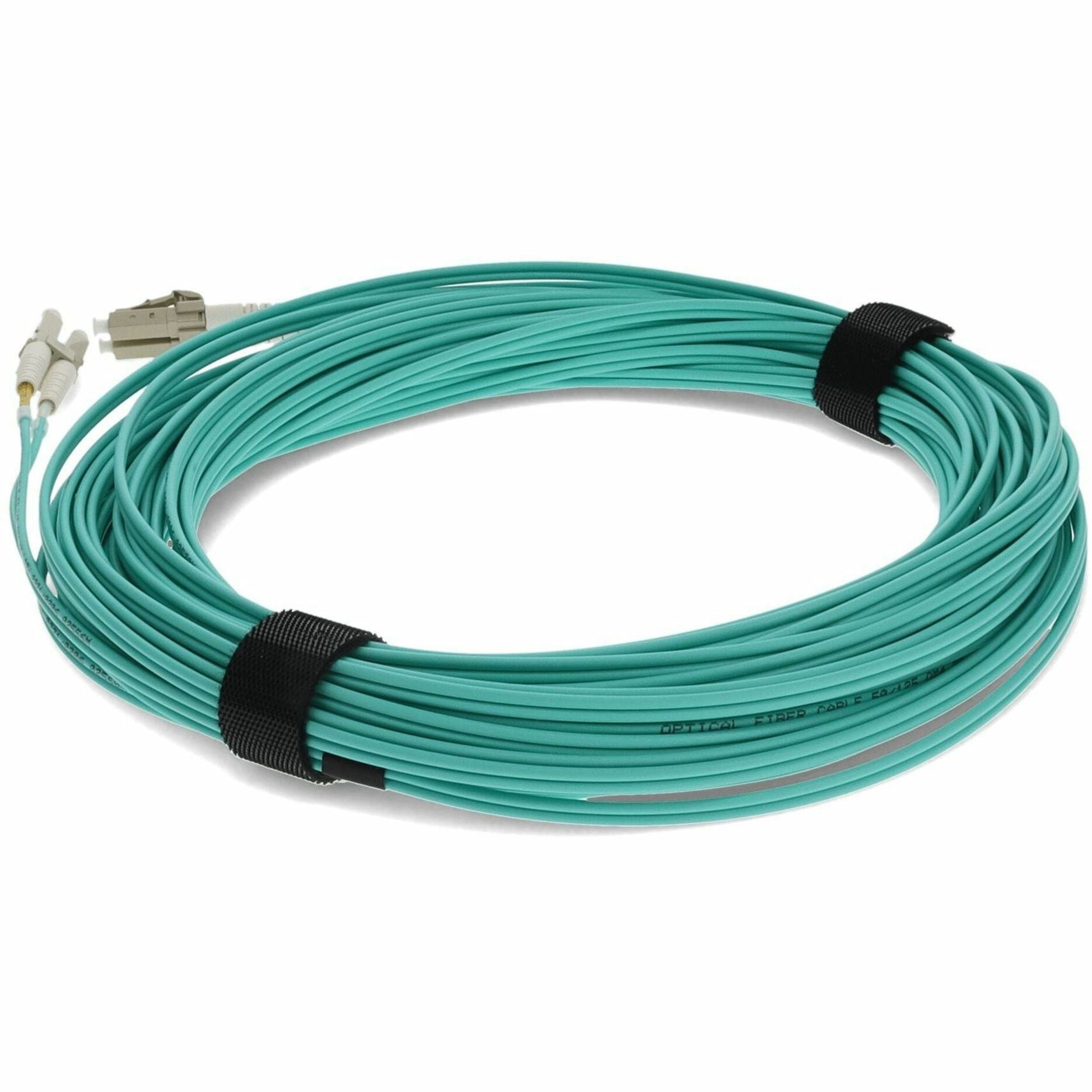 15-meter aqua OM3 fiber optic patch cable with LC connectors and organized cable management straps-alternate-image1