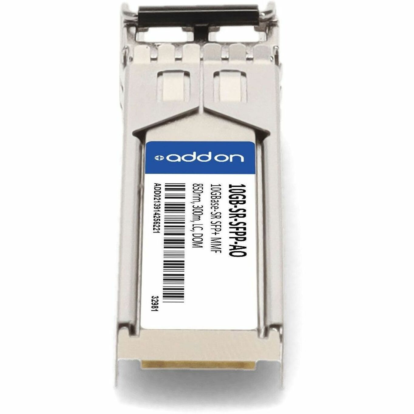 Top view of AddOn SFP+ module showing diagnostic interface and product markings-alternate-image4