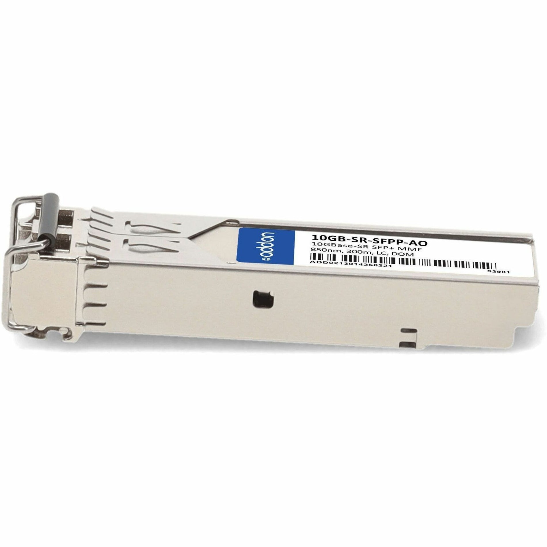 Side angle view of AddOn SFP+ transceiver showing product labeling and construction-alternate-image2