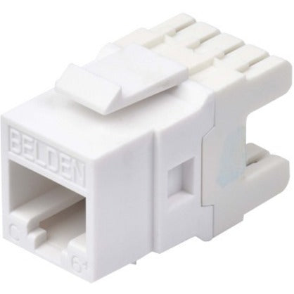 Belden CAT6+ KeyConnect white RJ45 modular jack with T-bar mount showing front port and termination features