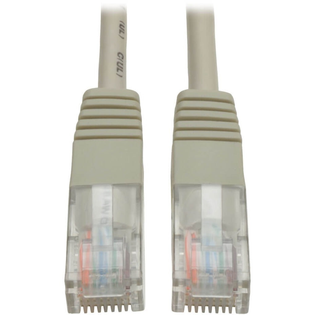 Close-up view of two RJ45 connectors on Tripp Lite Cat5e gray network cable showing molded strain relief and transparent connector housing-alternate-image1