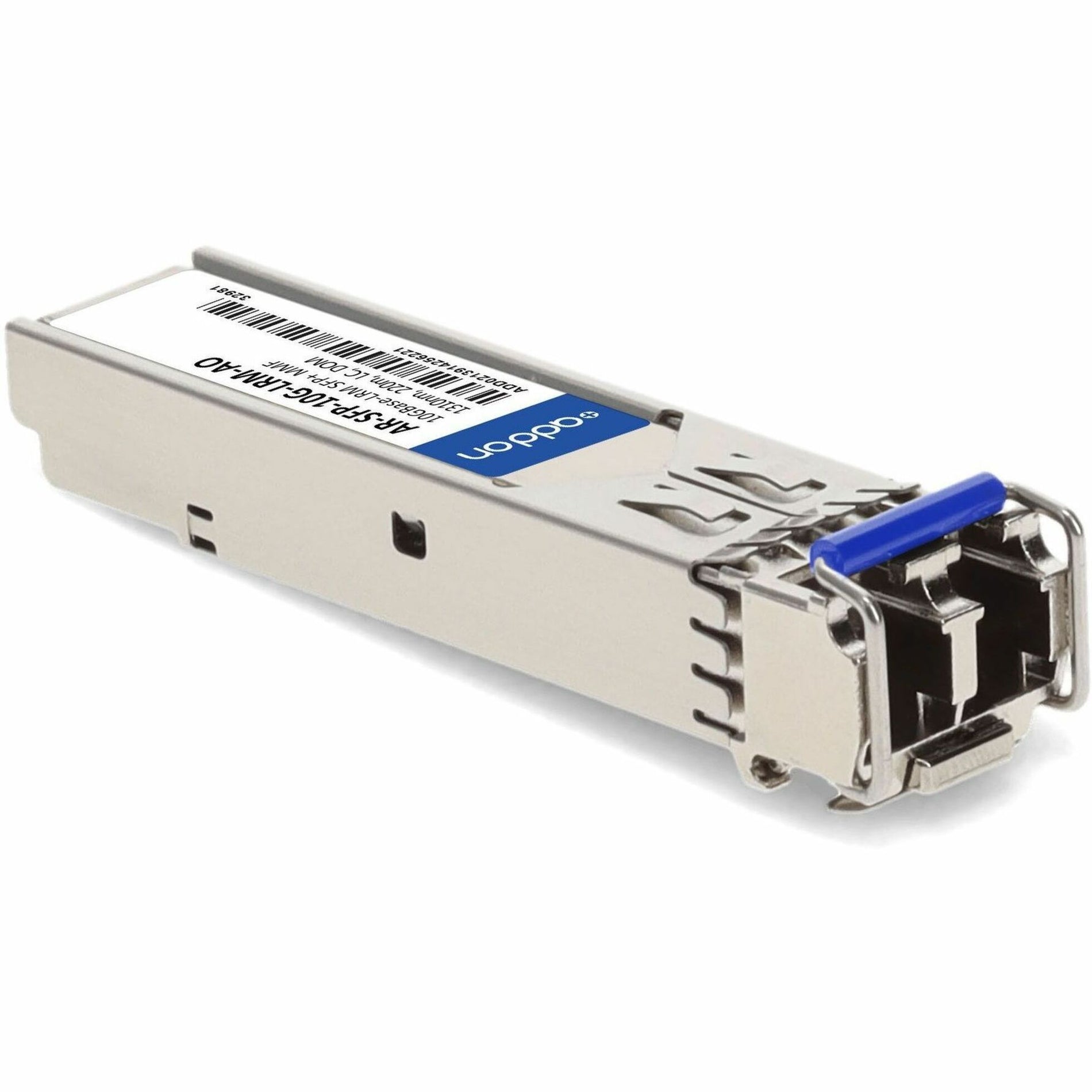 Angled front view of AddOn SFP+ transceiver showcasing LC connector interface-alternate-image7