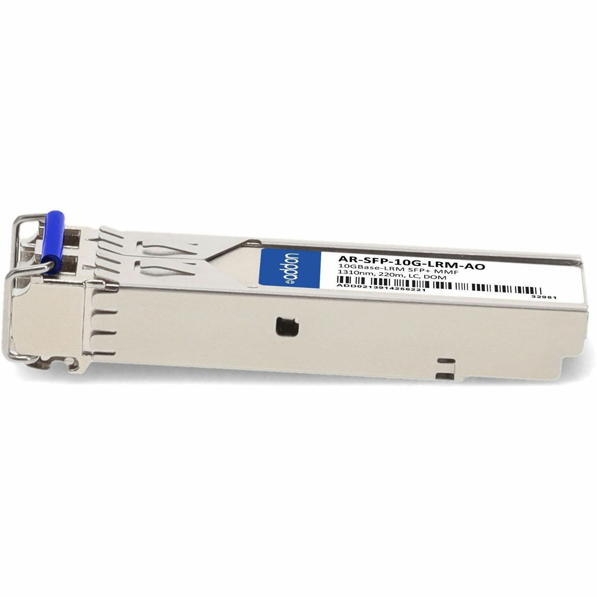 Top-down perspective of AddOn SFP+ transceiver showing product labeling and blue extraction tab-alternate-image2