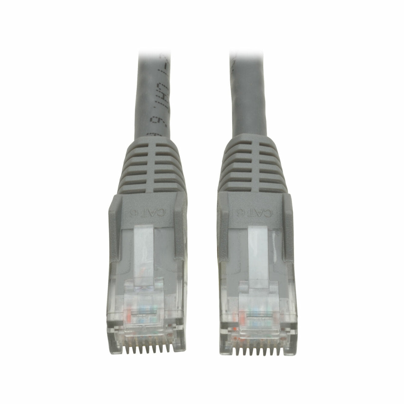 Close-up view of two gray Cat6 RJ-45 connectors with transparent housings and snagless boots-alternate-image1