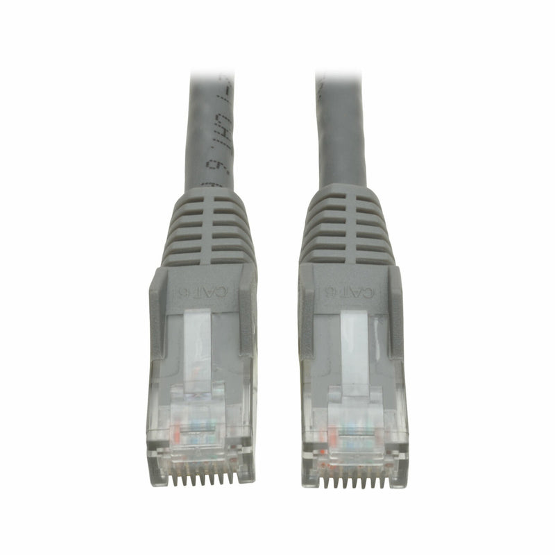 Close-up view of two gray Cat6 RJ-45 connectors with transparent housings and snagless boots