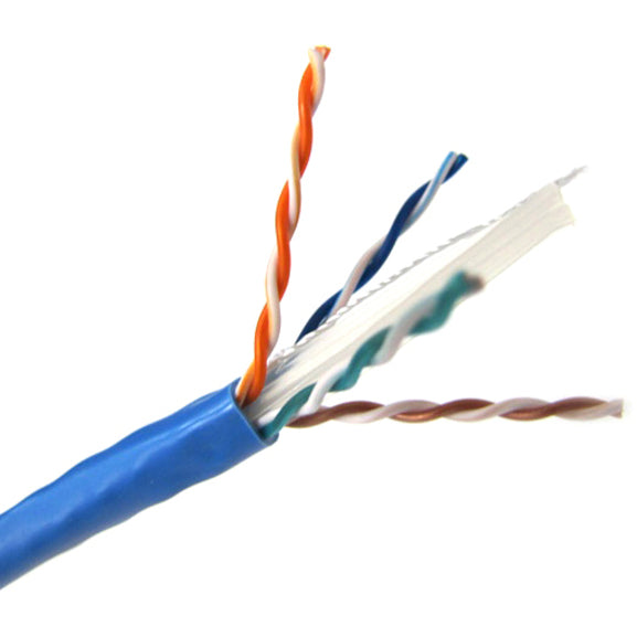 Close-up view of Winston CAT6 plenum cable showing blue jacket and exposed twisted pair conductors-alternate-image1