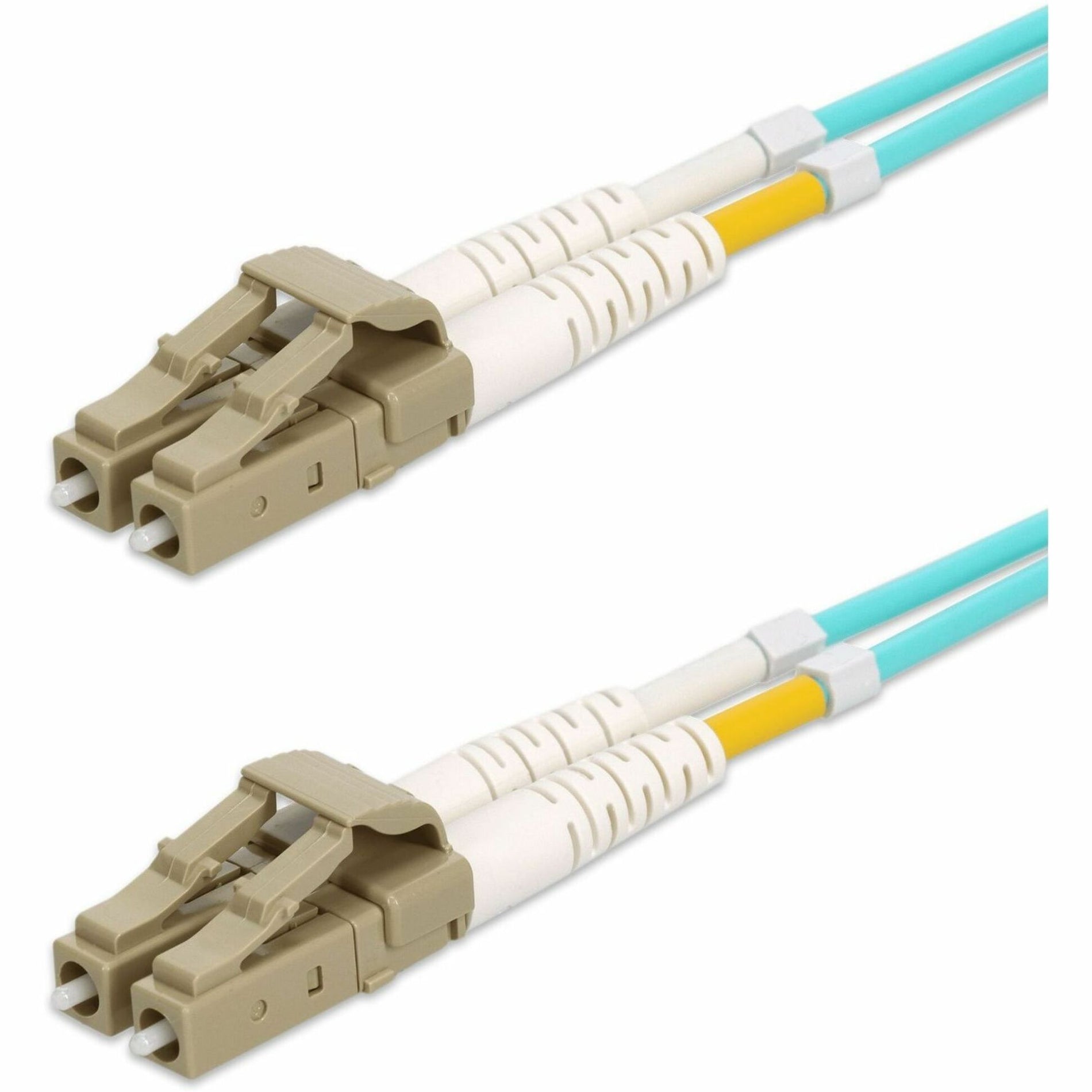 Detailed close-up of AddOn OM4 fiber patch cable LC connector construction and strain relief design-alternate-image2