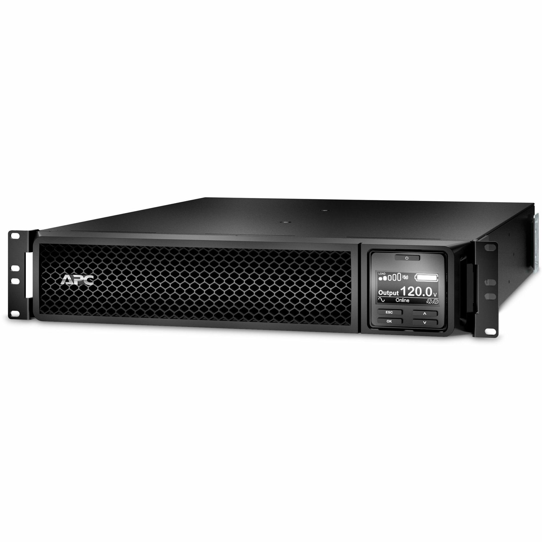 Front view of APC Smart-UPS 2200VA rack mount UPS showing LCD display and honeycomb ventilation grill-alternate-image1