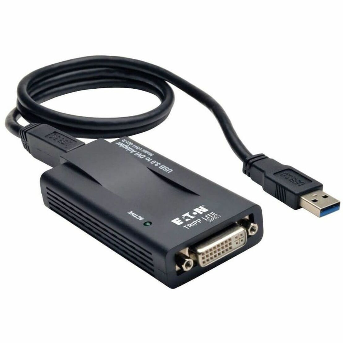 Tripp Lite USB 3.0 to DVI adapter showing USB cable and DVI port connections-alternate-image1