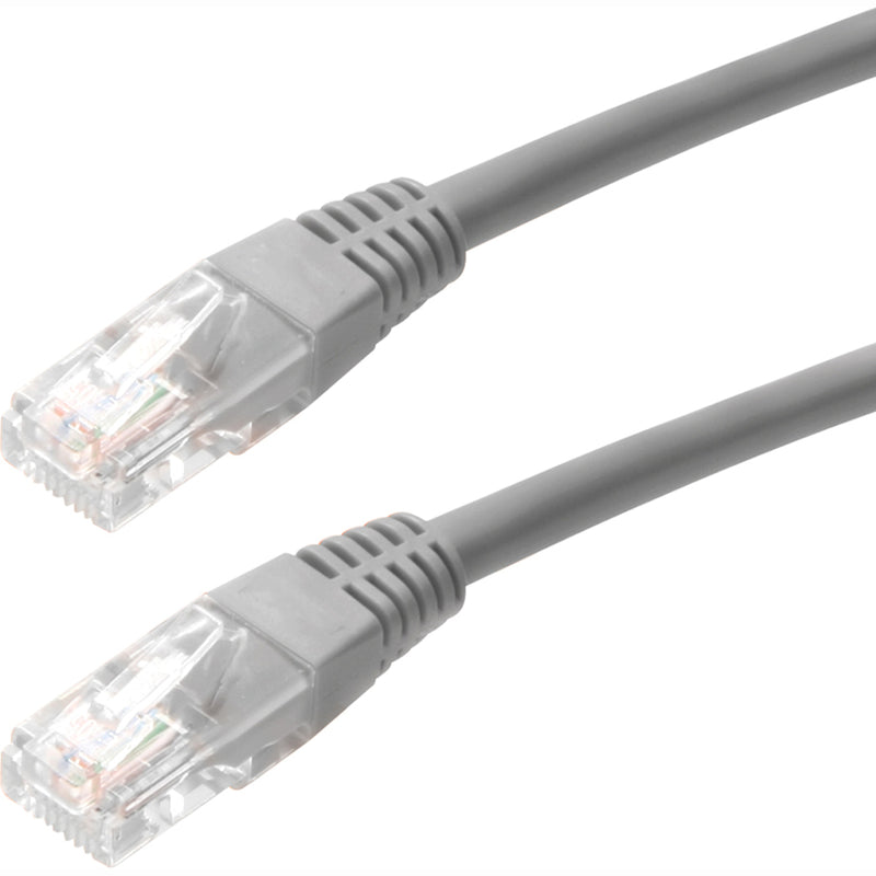 Close-up view of transparent RJ45 connectors on gray Cat5e ethernet cable showing internal wiring