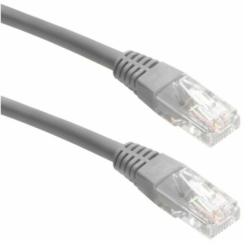 Full length view of gray Cat5e ethernet cable with molded strain relief boots