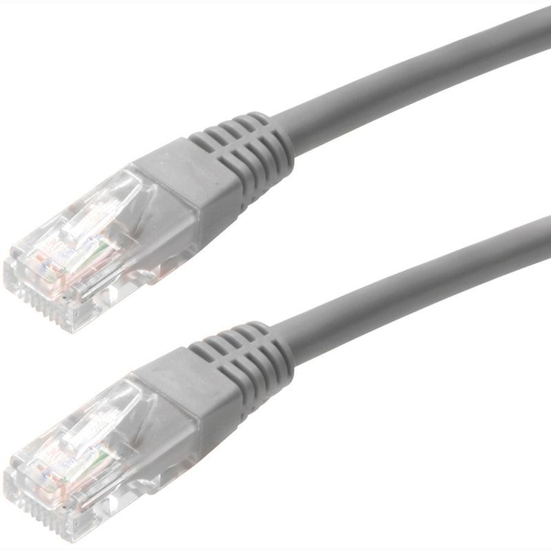 Close-up view of transparent RJ45 connectors on gray Cat5e network cable showing internal wiring