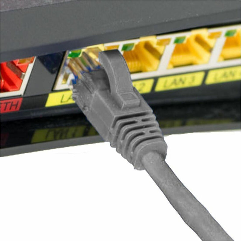 Cat6 ethernet cable connected to network patch panel showing snagless boot design