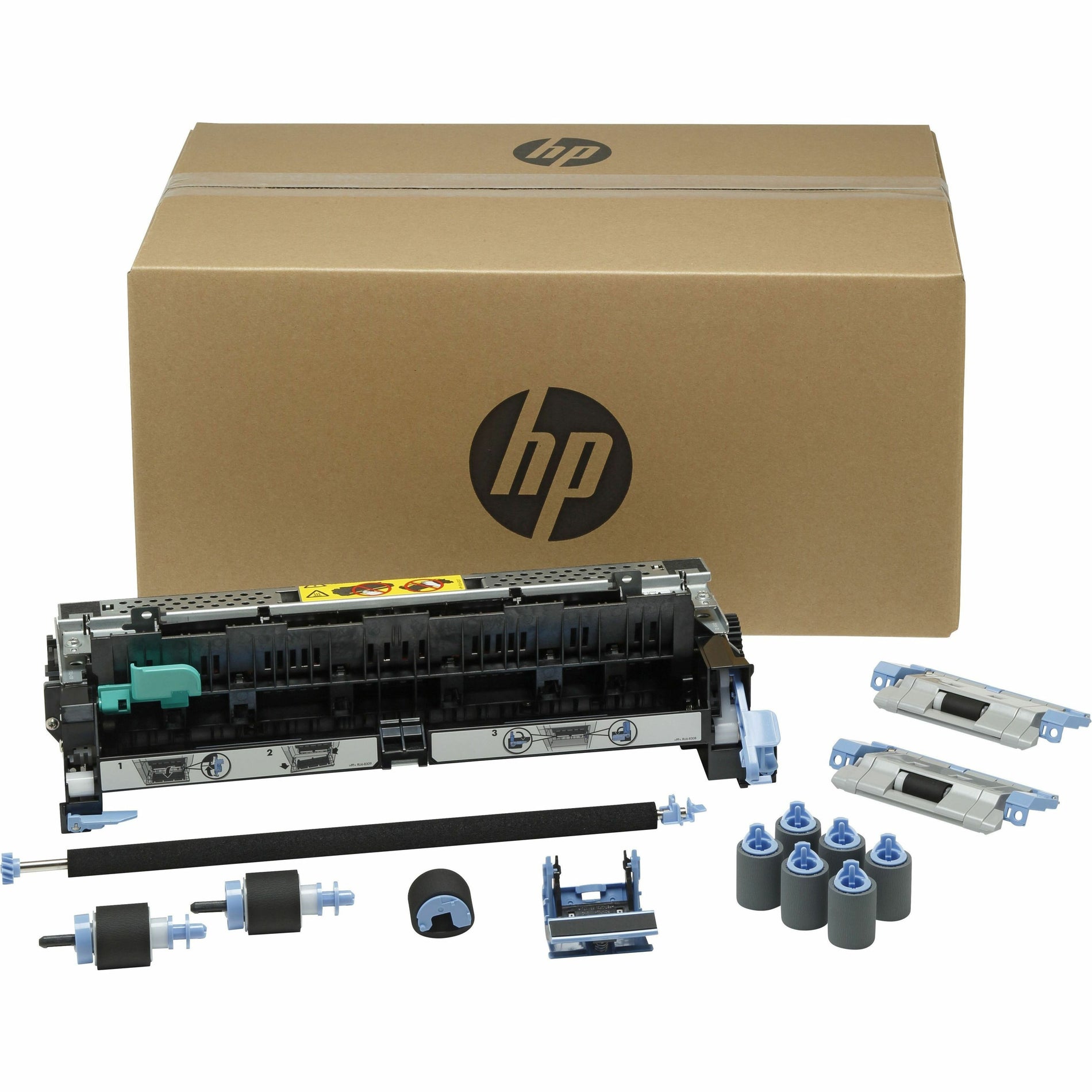 HP LaserJet 220V Maintenance Kit CF254A showing fuser unit, rollers, and various replacement components with HP branded packaging-alternate-image1