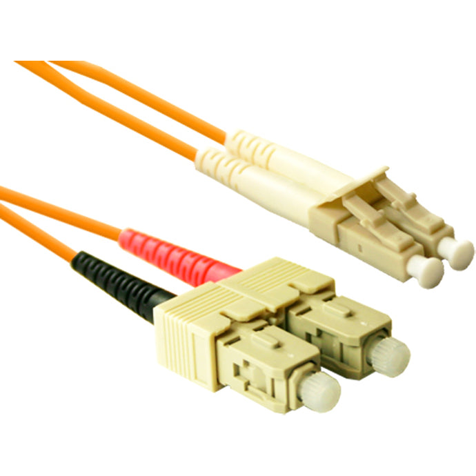 Orange multimode fiber optic patch cable with SC connectors on one end and LC connectors on the other end, featuring duplex configuration