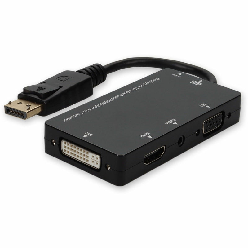 DisplayPort to VGA adapter showing multiple output ports and DisplayPort connector