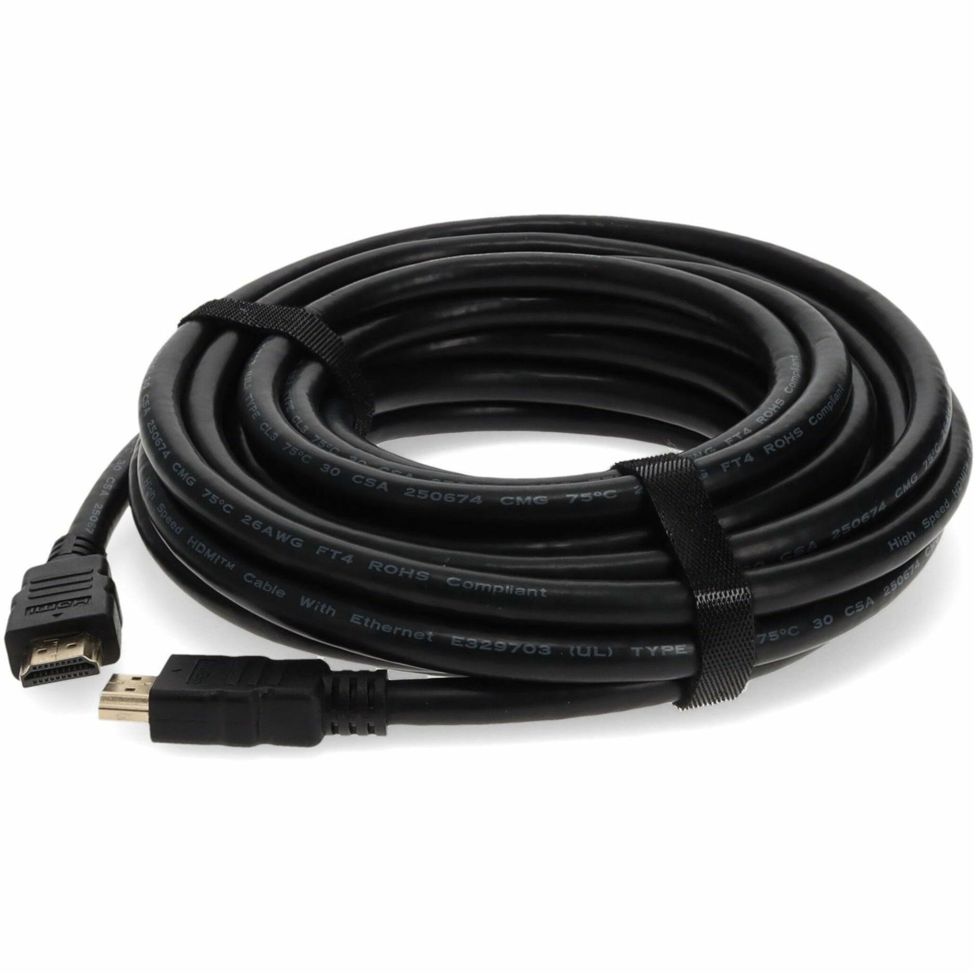 Front view of 20-foot black HDMI 1.4 cable with gold-plated male connectors and cable management straps-alternate-image1