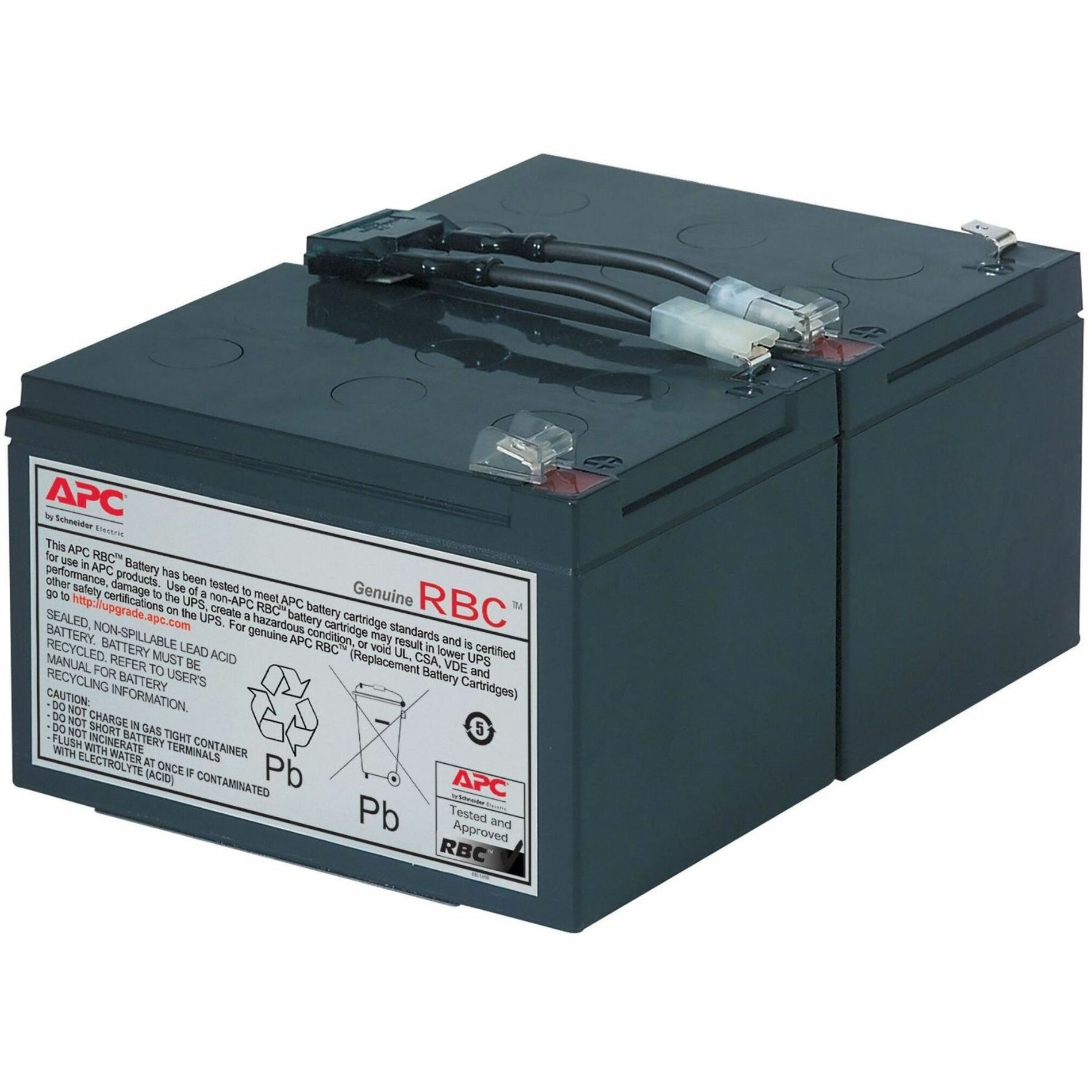 APC RBC6 Replacement Battery Cartridge showing dual battery configuration with connection cables and safety information label-alternate-image1