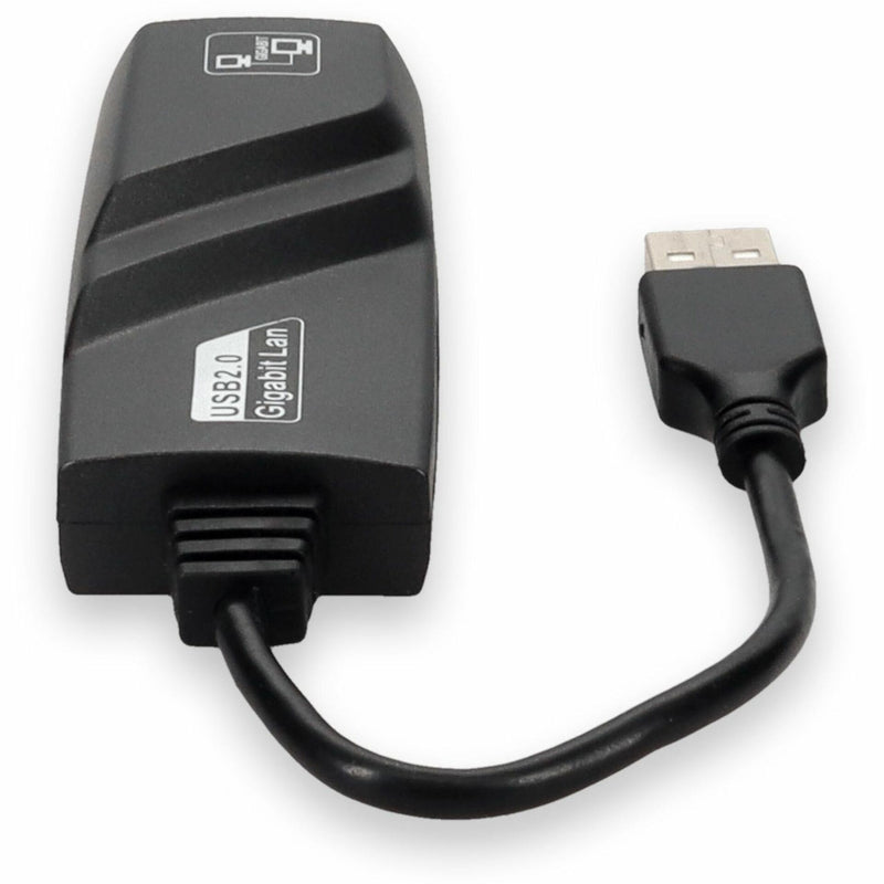 Top-down view of USB 2.0 to Gigabit Ethernet adapter showing curved cable design