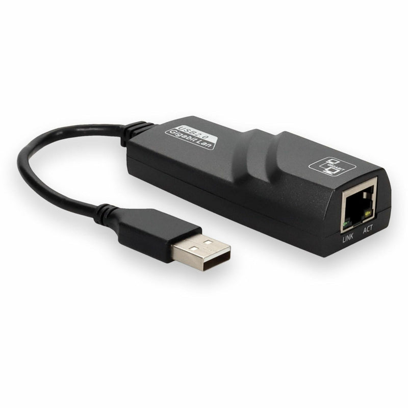 Detailed view of USB 2.0 to Gigabit Ethernet adapter showing LED indicators and port