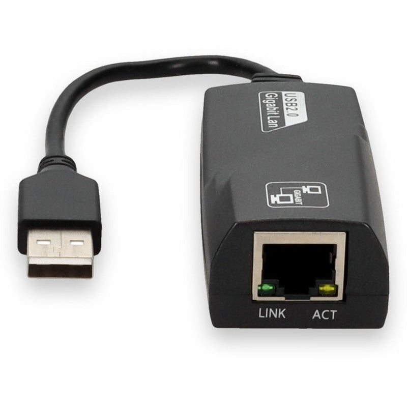 Close-up view of USB 2.0 to Gigabit Ethernet adapter RJ-45 port and status lights